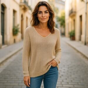 Chico's Womens Sweater Sz 2 L 12 Gold Metallic‎ V-Neck